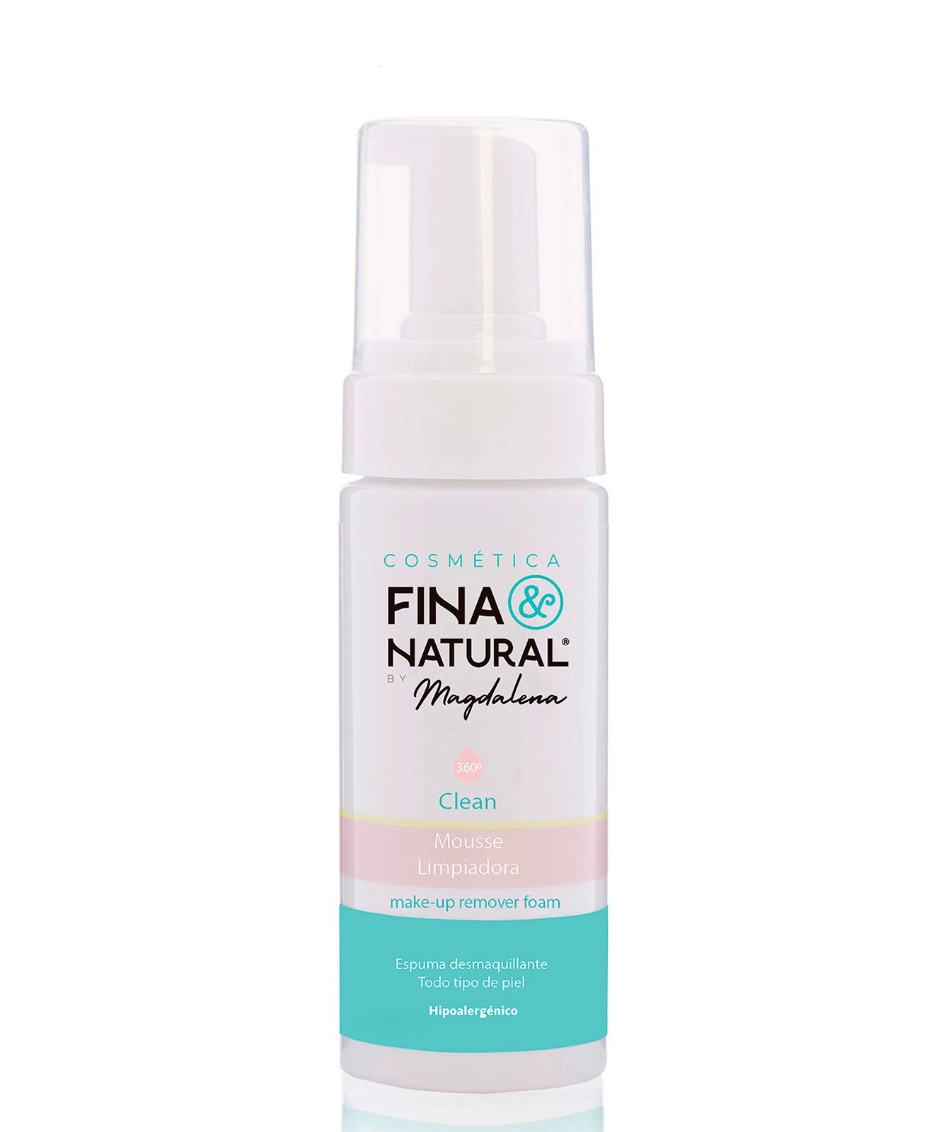 En esta imagen se presenta nuestro producto: "Mousse o Espuma facial limpiadora 360º clean". El envase tiene un formato cilíndrico con tapón en la parte superior. Tiene un diseño fresco con franjas en tonos pasteles, amarillo linea más pequeña, línea rosa más mediana y azul de mayor tamaño. En la etiqueta aparecen los siguientes textos: Mousse Limpiadora, Make-up remover foam, espuma desmaquillante, todo tipo de piel e Hipoalergénico.