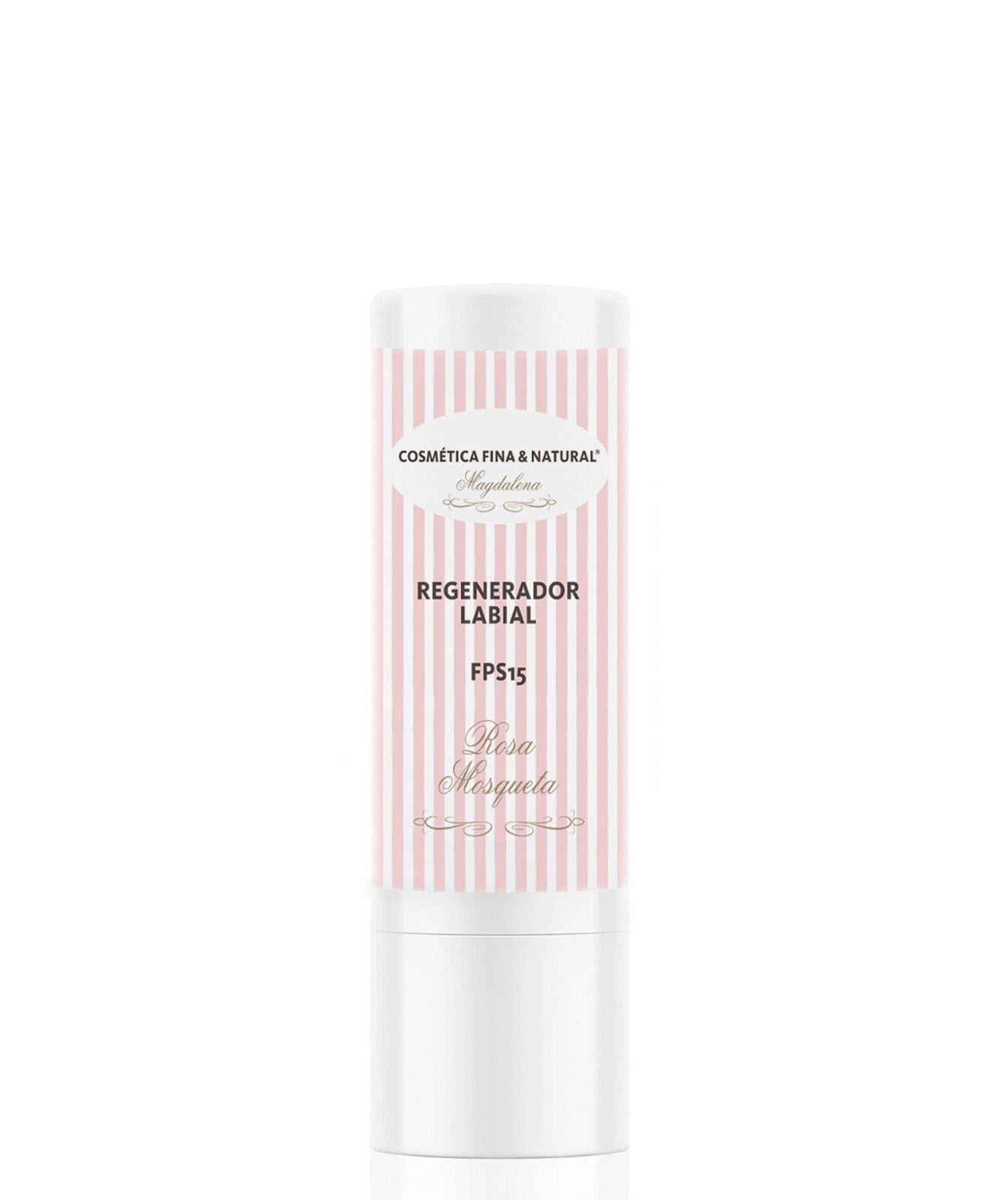 Protección labial Rosa de Mosqueta, se presenta en un envase cilíndrico de barra de labios, su etiqueta tiene un diseño con líneas rosas y blancas. El logo en la parte de arriba y abajo explica que el producto es un regenerador labial con protección solar FPS15 de Rosa de Mosqueta. Fácil aplicación.