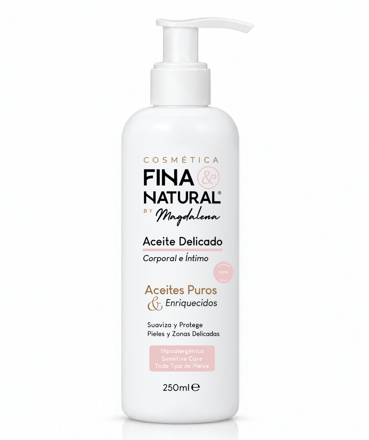Aceite corporal e íntimo CFN sin perfume, en frasco blanco de 250 ml con dosificador.