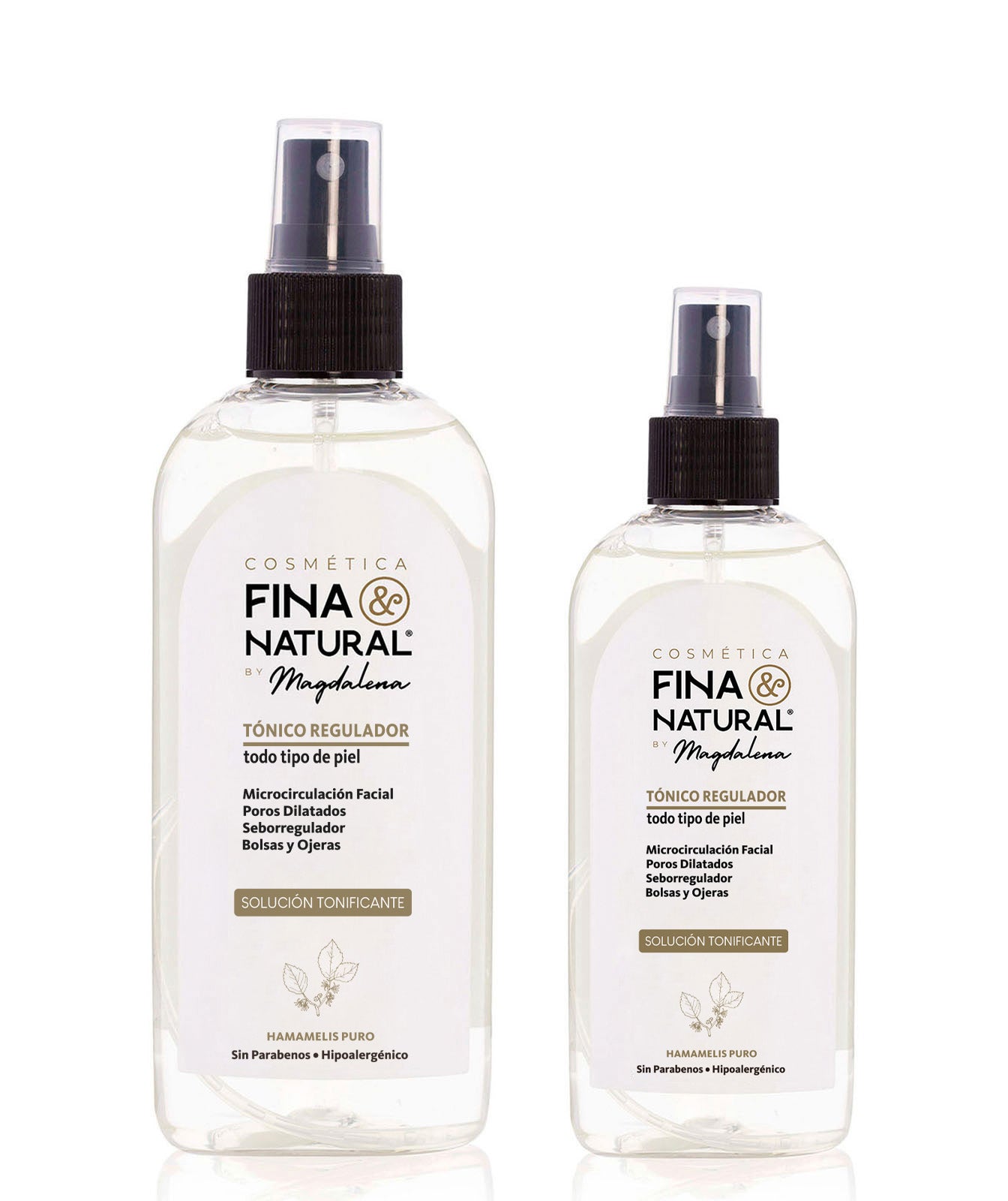 Dos botellas de tónico facial "Cosmética Fina & Natural" de 125ml y 250ml con pulverizador negro, etiqueta minimalista indicando beneficios para todo tipo de piel, microcirculación y poros, con hamamelis, sin parabenos, hipoalergénico.