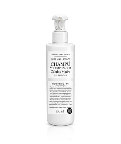 Champú voluminizador con células madre y queratina CFN, envase blanco con dosificador de 250 ml.