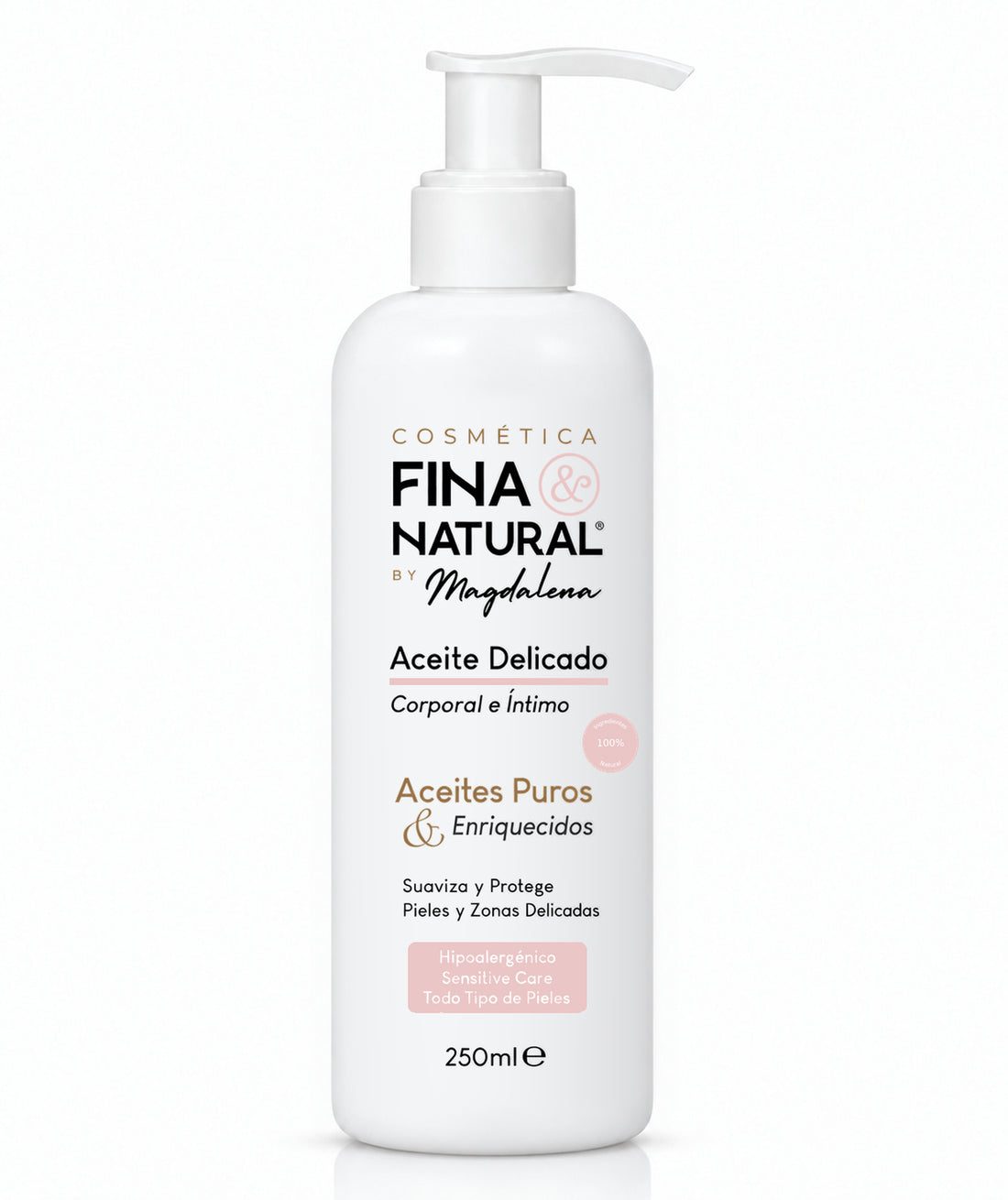 Aceite corporal e íntimo CFN sin perfume, en frasco blanco de 250 ml con dosificador.