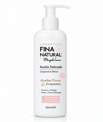 Aceite corporal e íntimo CFN sin perfume, en frasco blanco de 250 ml con dosificador.