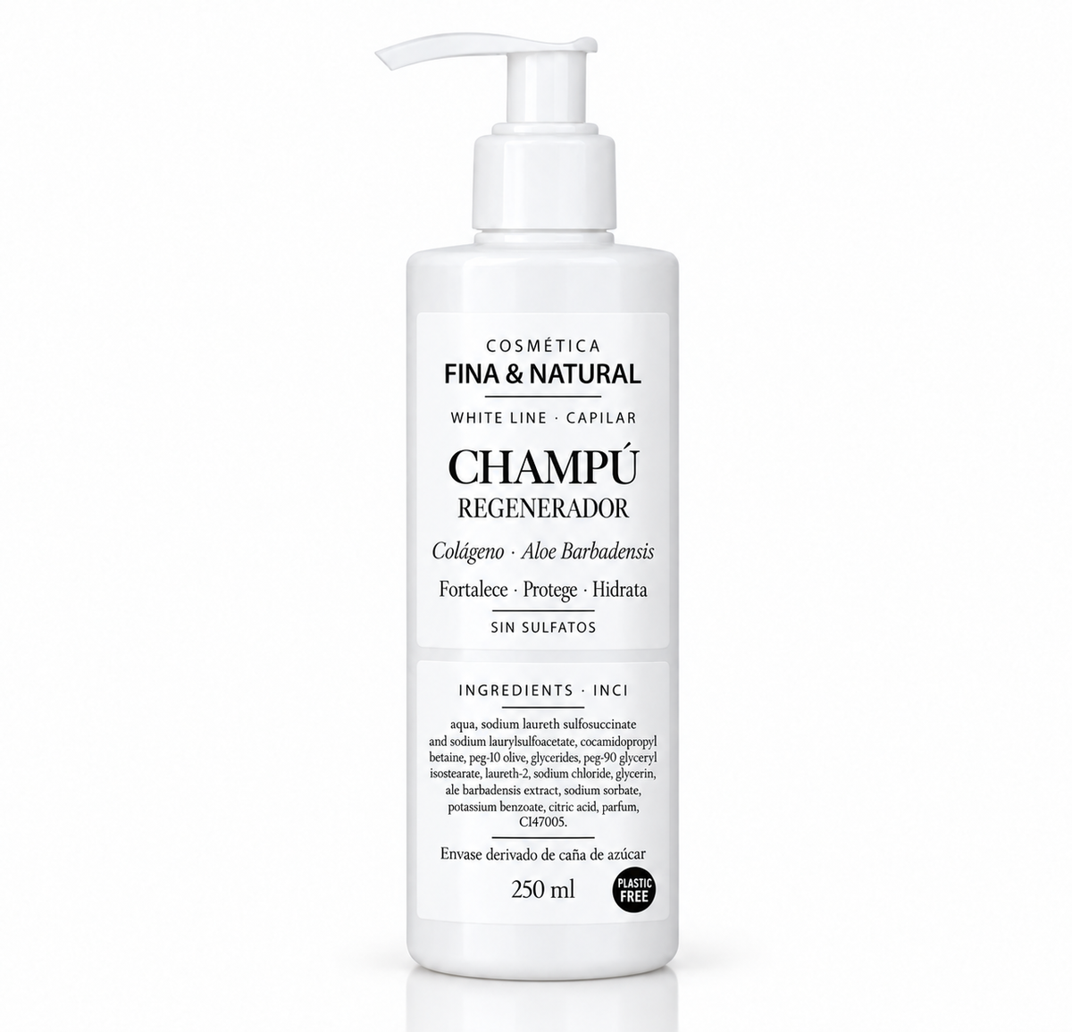 Champú regenerador con colágeno y Aloe Barbadensis CFN, envase blanco con dosificador de 250 ml