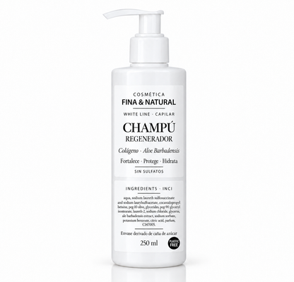 Champú regenerador con colágeno y Aloe Barbadensis CFN, envase blanco con dosificador de 250 ml