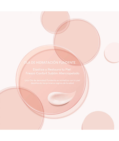 Diseño gráfico minimalista con círculos traslúcidos en tonos rosas y una gota de crema, ilustrando la &